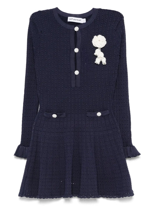 Self Portrait Crochet Knit Dress — Blue/ Navy/ Red — Size XS — Front View