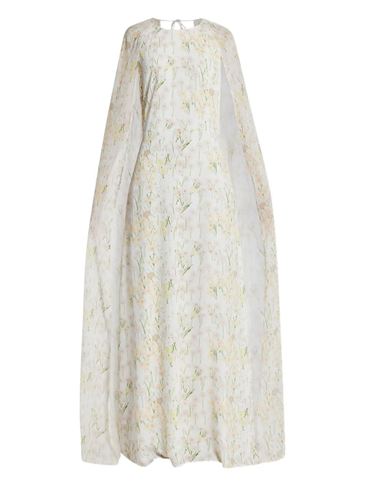 Bernadette Floral Print Cape Maxi Dress — White — Size XXL — Front View
