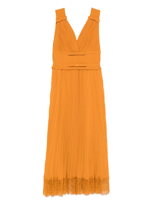 Self Portrait Pleated Lace Trimmed Dress — Orange — Size XS — Front View