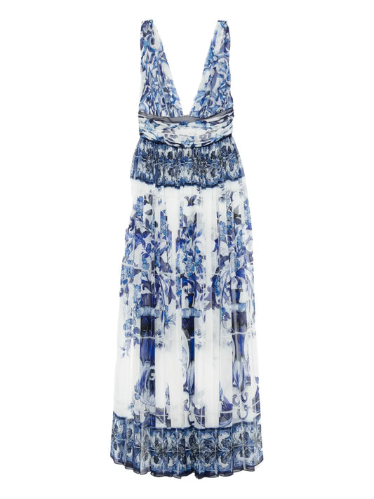 Dolce Gabbana Floral Print Dress — White/ Blue — Size XS — Front View