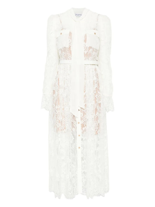 Self Portrait Lace Pussy Bow Midi Dress — White — Size XS — Front View