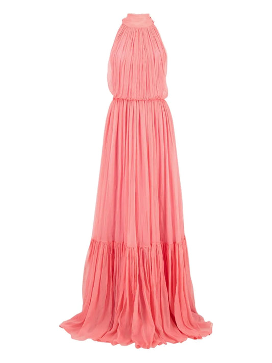 Gucci Halterneck Tiered Maxi Dress — Red/ Pink — Size XS — Front View