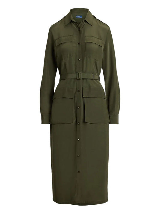 Polo Ralph Lauren Button Up Shirt Midi Dress — Green/ Olive — Size XS — Front View