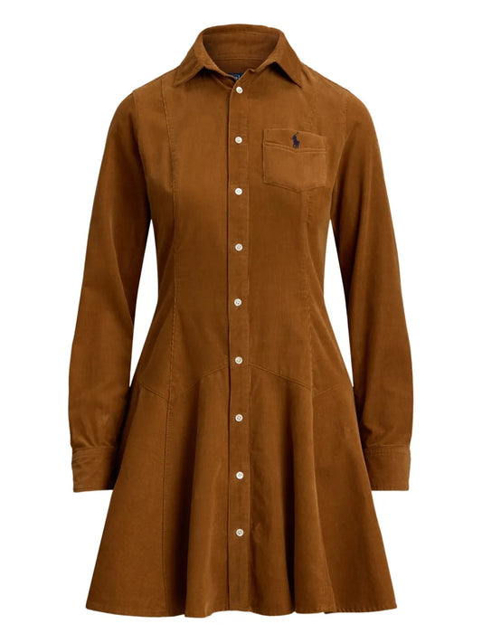 Polo Ralph Lauren Corduroy Collared Shirt Dress — Brown/ Red — Size S — Front View