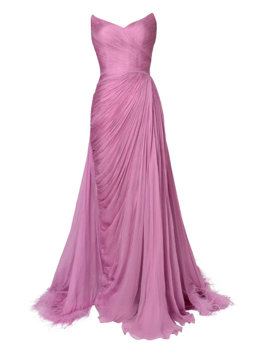 Iris Serban Feather Trimmed Pleated Maxi Dress — Pink — Size XS — Front View