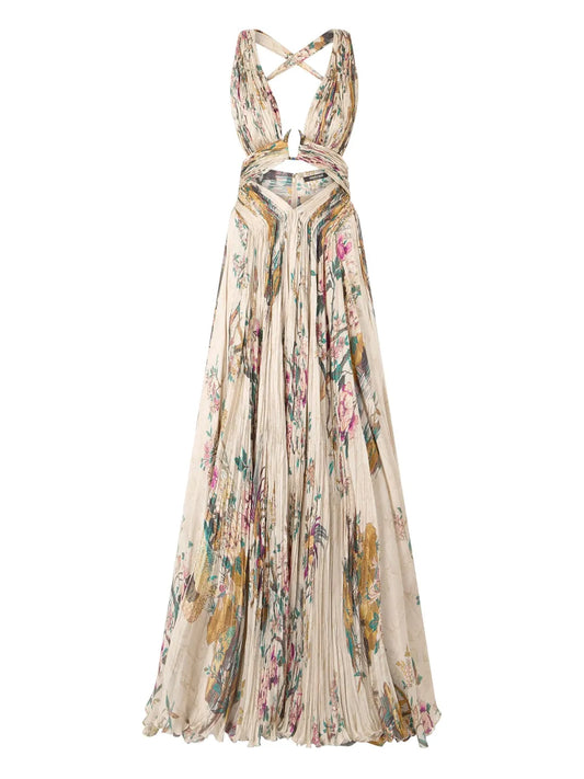 Roberto Cavalli Pleated Floral Print Dress — White — Size XS — Front View
