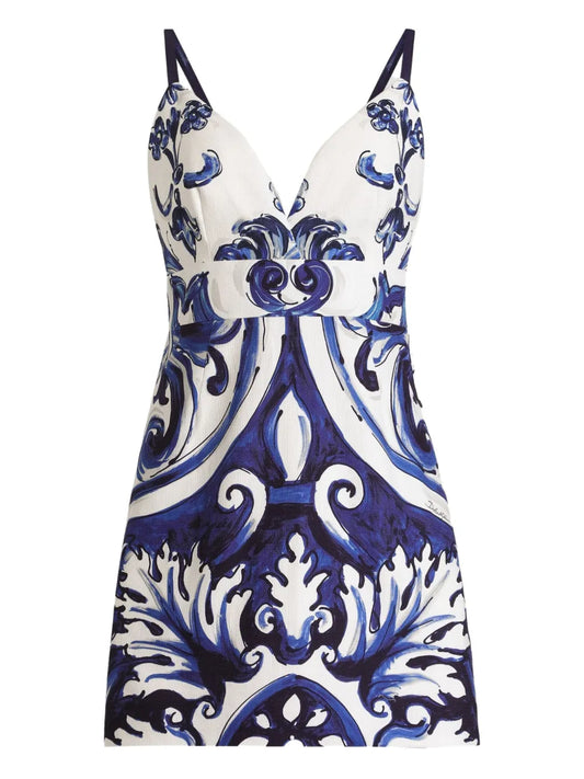 Dolce Gabbana Majolica Mini Dress — Blue — Size XS — Front View
