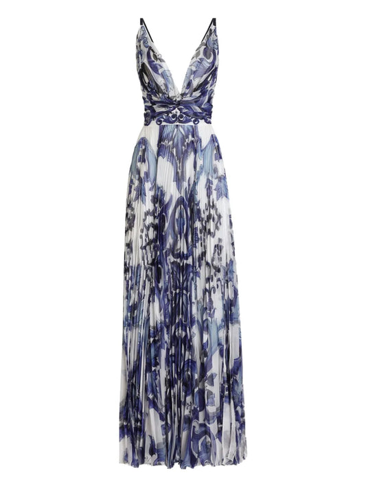 Dolce Gabbana Pleated Print Dress — Blue — Size XS — Front View