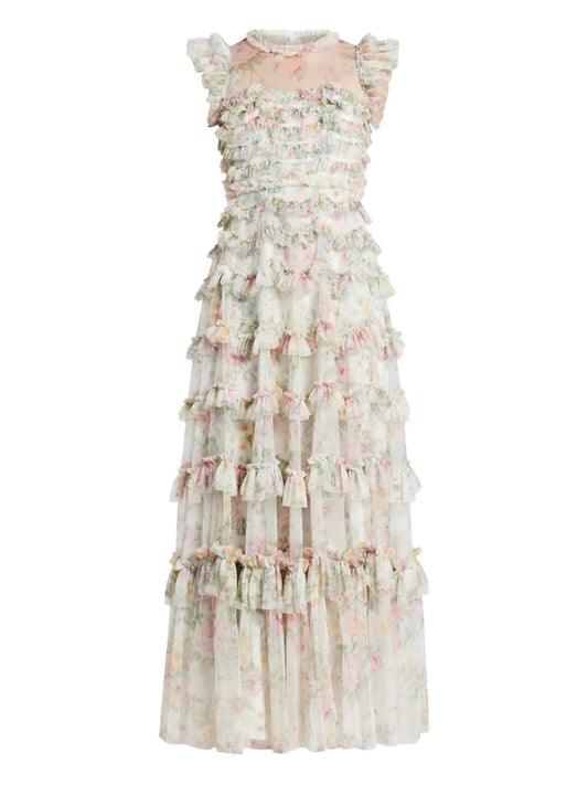 Needle Thread Floral Print Tiered Ruffle Dress — White/ Red — Size M — Front View