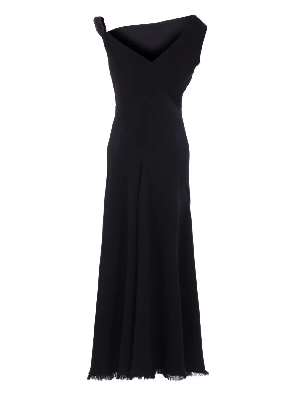 The Row Asymmetric Neckline Fringed Maxi Day Dress — Black — Size XS — Front View