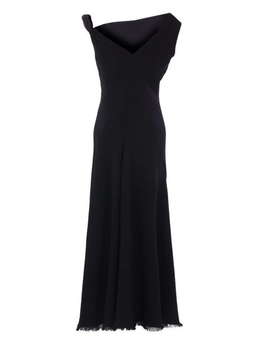 The Row Asymmetric Neckline Fringed Maxi Day Dress — Black — Size XS — Front View