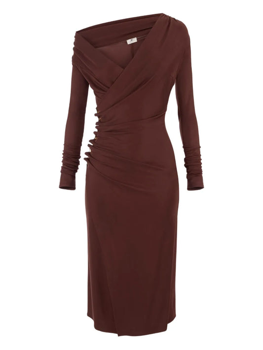 Elisabetta Franchi Draped Midi Dress — Brown — Size XS — Front View