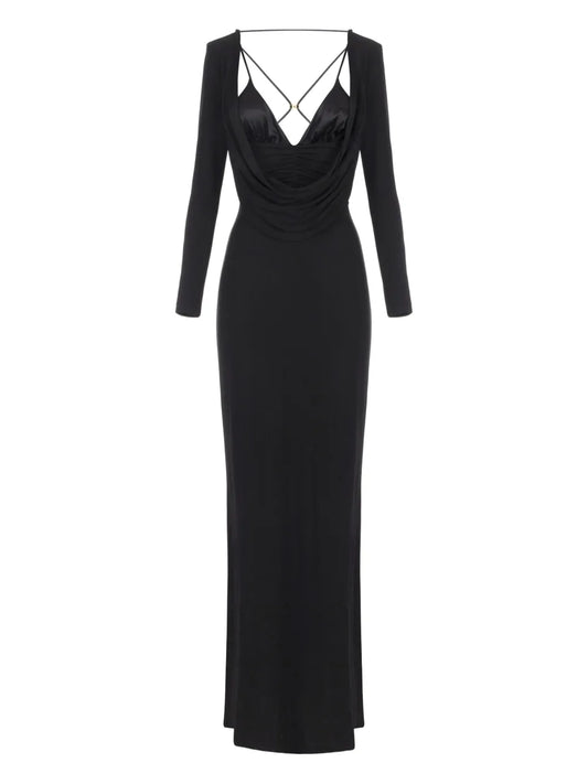 Elisabetta Franchi Draped Long Sleeve Dress — Black/ Red — Size XS — Front View
