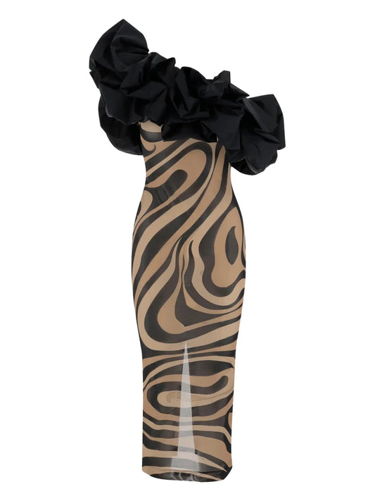Pucci Marmo Print One Shoulder Dress — Black/ Red — Size XS — Front View