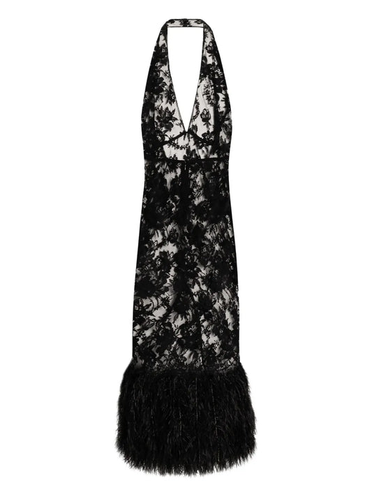 Dolce Gabbana Feather Trimmed Lace Dress — Black — Size S — Front View