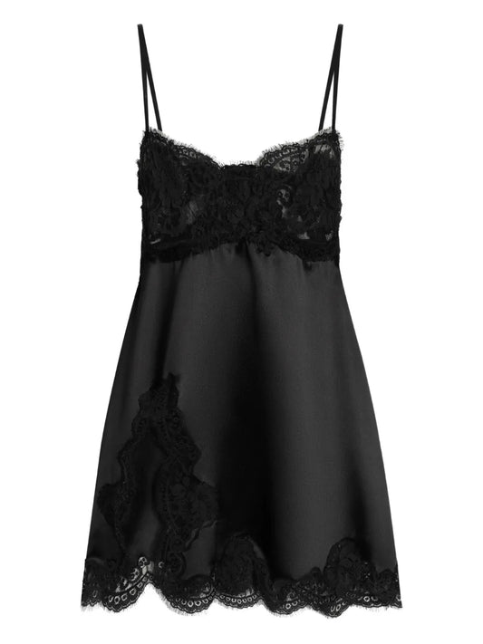Dolce Gabbana Lace Trimmed Slip Mini Dress — Black — Size XS — Front View