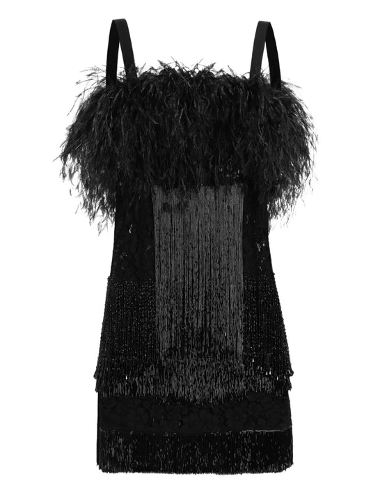 Dolce Gabbana Feather Trimmed Fringe Mini Dress — Black — Size XS — Front View