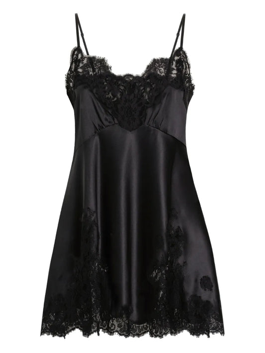 Dolce Gabbana Lace Trimmed Satin Slip Dress — Black — Size XS — Front View