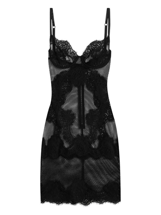 Dolce Gabbana Lace Panelled Mesh Mini Dress — Black — Size S — Front View