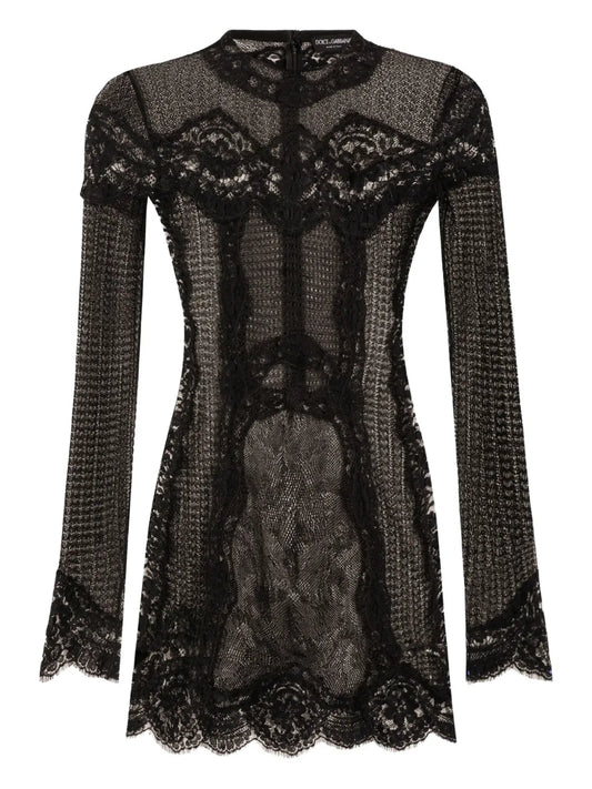 Dolce Gabbana Lace Panel Long Sleeve Mini Dress — Black — Size XS — Front View