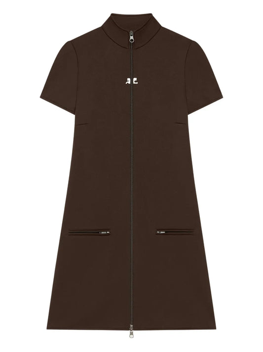 Courreges Zip Up Short Sleeve Dress — Brown — Size XS — Front View
