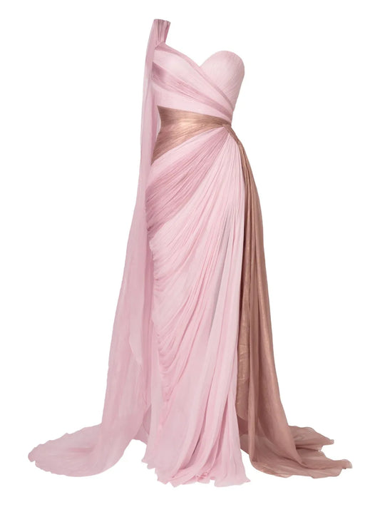 Iris Serban Alexa Draped One Shoulder Gown — Pink — Size XS — Front View