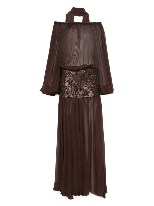 Atu Body Couture Sequin Embellished Off Shoulder Dress — Brown/ Red — Size XS — Front View