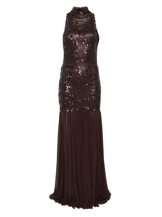 Atu Body Couture Sequinned High Neck Dress — Brown/ Red — Size S — Front View