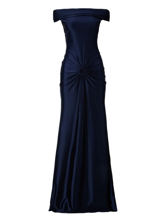 Moos Studio Off Shoulder Draped Gown — Blue/ Navy/ Red — Size XS — Front View