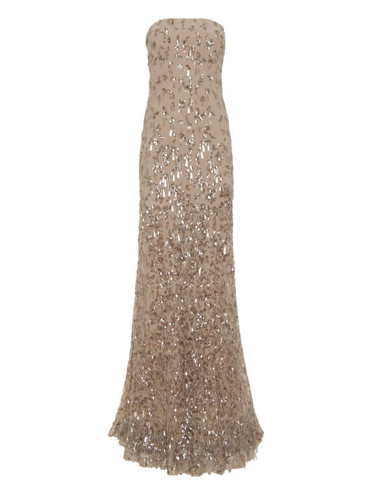 Brunello Cucinelli Sequin Embellished Strapless Maxi Dress — Taupe/ Red — Size XS — Front View