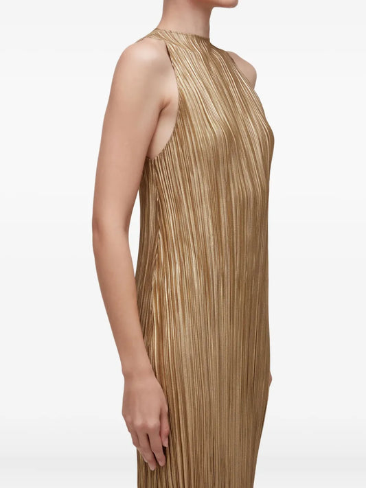 Osklen Plisse Maxi Dress — Gold — Size XS — Front View