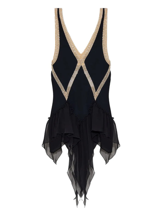 The Attico Embellished Ruffled Mini Dress — Black — Size S — Front View