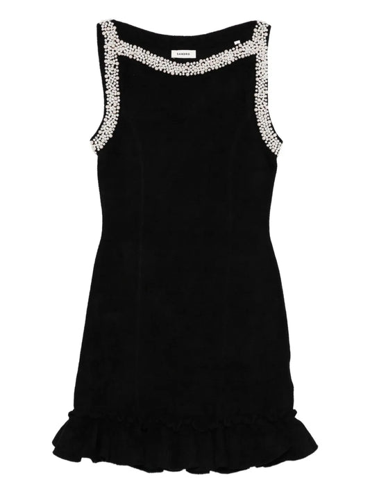 Sandro Faux Pearl Embellished Mini Dress — Black — Size M — Front View