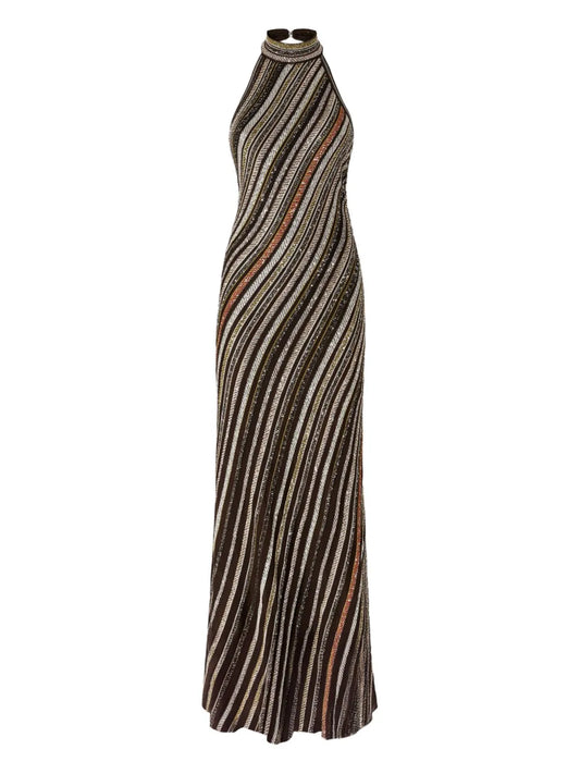 Missoni Halterneck Striped Maxi Dress — Dark Brown/ Brown — Size S — Front View
