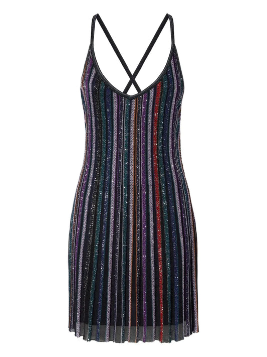 Missoni Sequin Striped Mini Dress — Black/ Red — Size XS — Front View