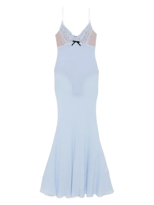 Self Portrait Lace Trimmed Slip Maxi Dress — Blue — Size XS — Front View
