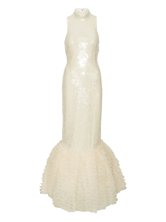 Rotate Birger Christensen Sequin Embellished Ruffled Gown — Cream — Size XS — Front View
