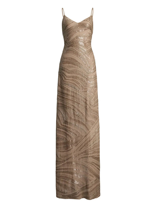 Ralph Lauren Collection Sequin Embellished Spaghetti Strap Dress — Beige — Size XS — Front View