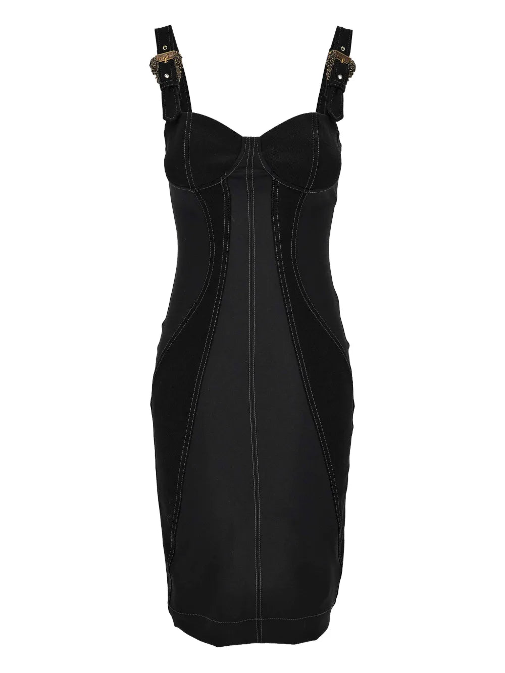 Versace Jeans Couture Buckle Embellished Seam Detail Dress — Black — Size XL — Front View