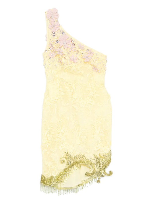 Georges Hobeika Floral Embellished One Shoulder Mini Dress — Green — Size XS — Front View