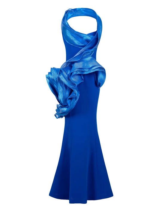 Gaby Charbachy Draped Ruffle Evening Gown — Blue — Size XS — Front View