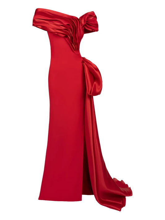 Gaby Charbachy Ruffled Bow Embellished Evening Gown — Red — Size XS — Front View