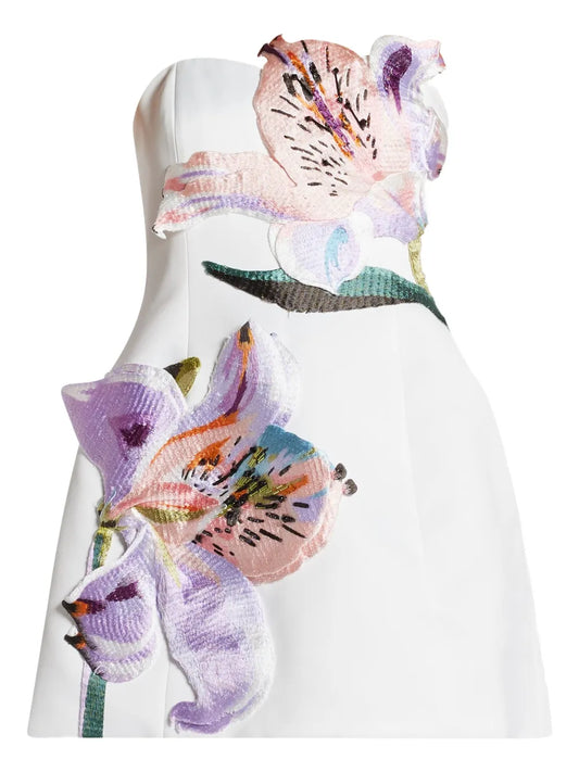Leo Lin Rosario Floral Applique Strapless Dress — White — Size XXS — Front View