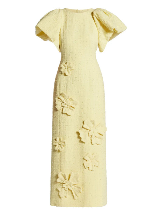 Leo Lin Luconda Floral Applique Tweed Dress — Yellow — Size XS — Front View
