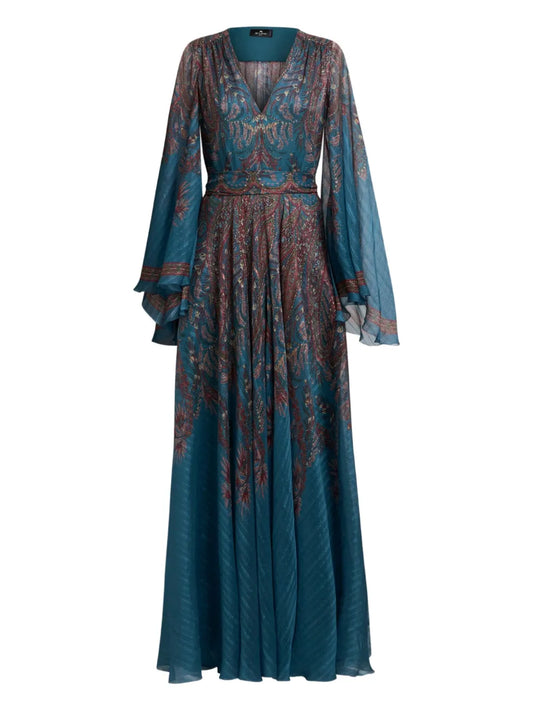 Etro Paisley Print Bell Sleeve Maxi Dress — Same as shown — Size XS — Front View