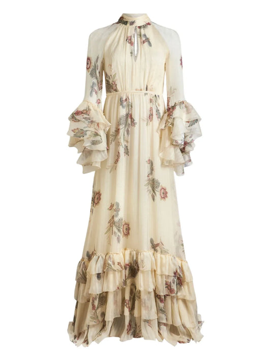 Etro Floral Ruffled Silk Dress — Beige — Size XS — Front View