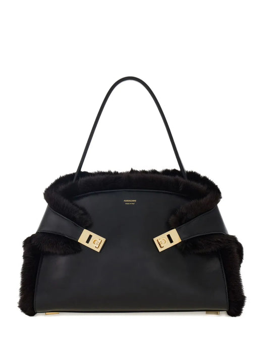 Ferragamo Medium Hug Soft Fur Trimmed Shoulder Bag — Same as shown — Size One Size — Front View