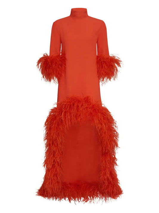 Taller Marmo Gina Extravaganza Feather Trimmed High Low Dress — Orange — Size XS — Front View