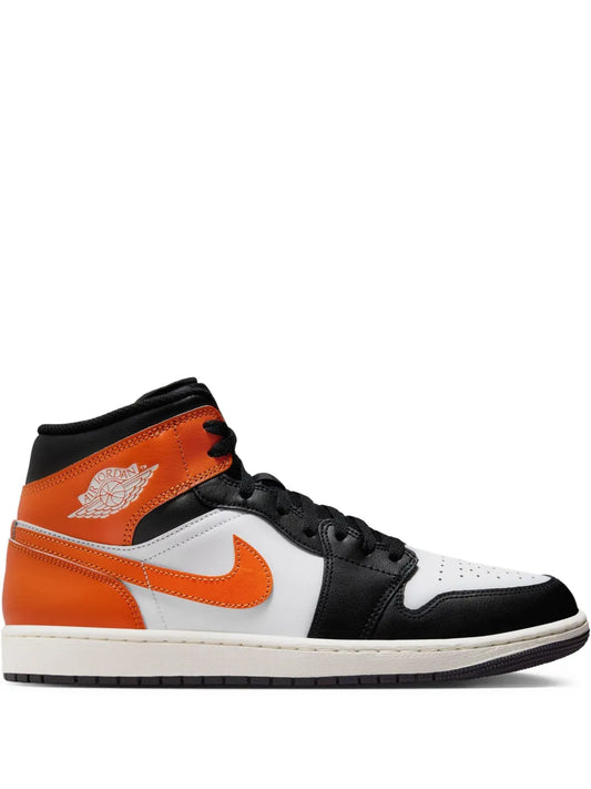 Air Jordan 1 Mid Black Toe Starfish Sneakers — Orange/Black/White — Size US M 9.5 - US W 11 — Front View