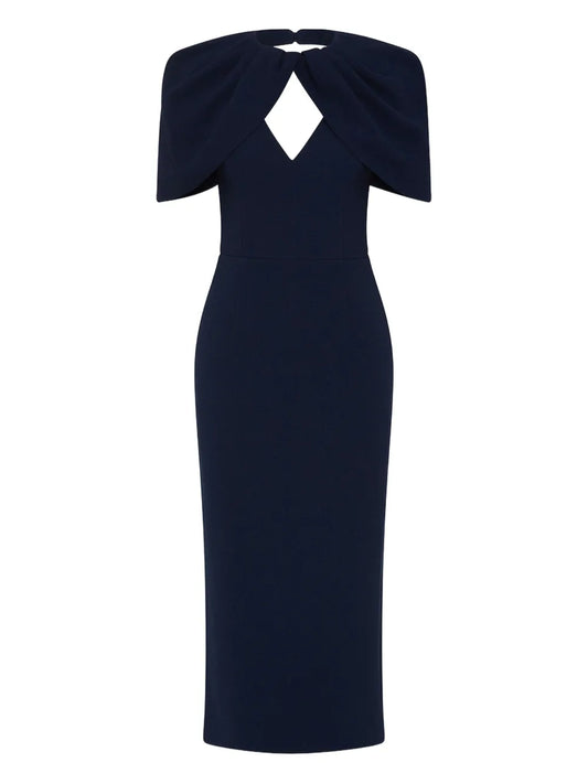 Rebecca Vallance Petal Sleeve Draped Midi Dress — Blue/ Navy — Size XS — Front View